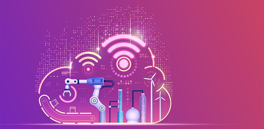 neon cloud of automation technology on gradient purple background