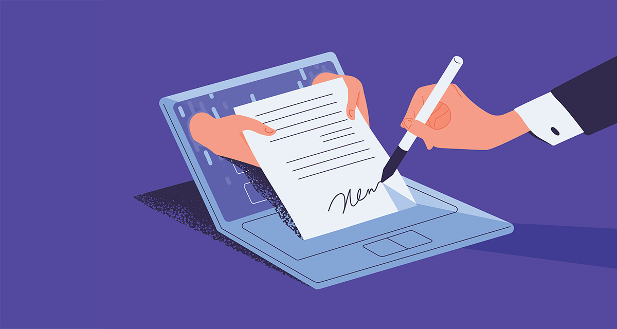 illustration of man's hand digitally signing an agreement on a laptop on a purple background